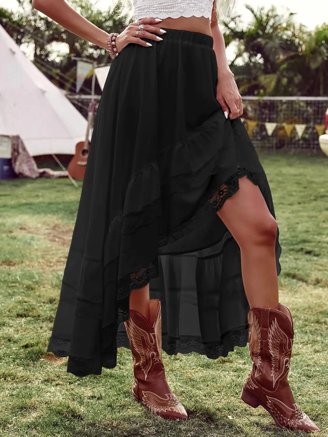 Verdusa Women's Western Boho Lace Asymmetrical Skirt Ruffle Country Cowgirl Skirts