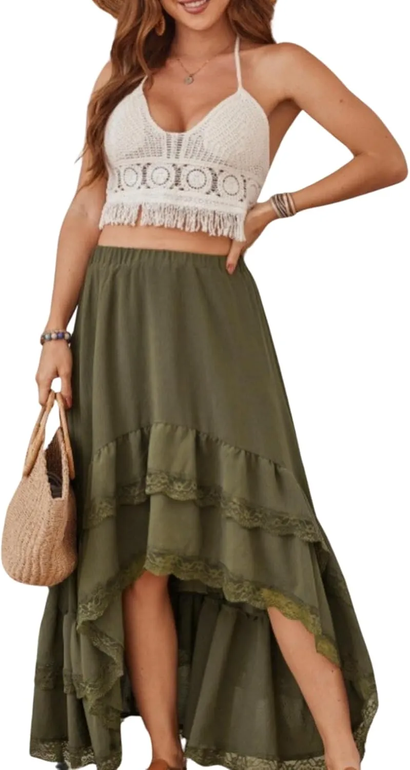Verdusa Women's Western Boho Lace Asymmetrical Skirt Ruffle Country Cowgirl Skirts