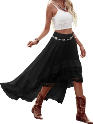 Verdusa Women's Western Boho Lace Asymmetrical Skirt Ruffle Country Cowgirl Skirts