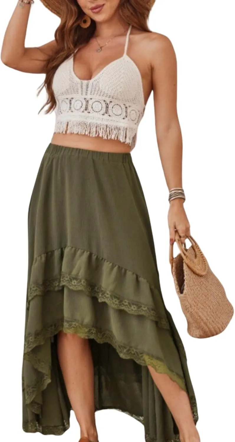 Verdusa Women's Western Boho Lace Asymmetrical Skirt Ruffle Country Cowgirl Skirts