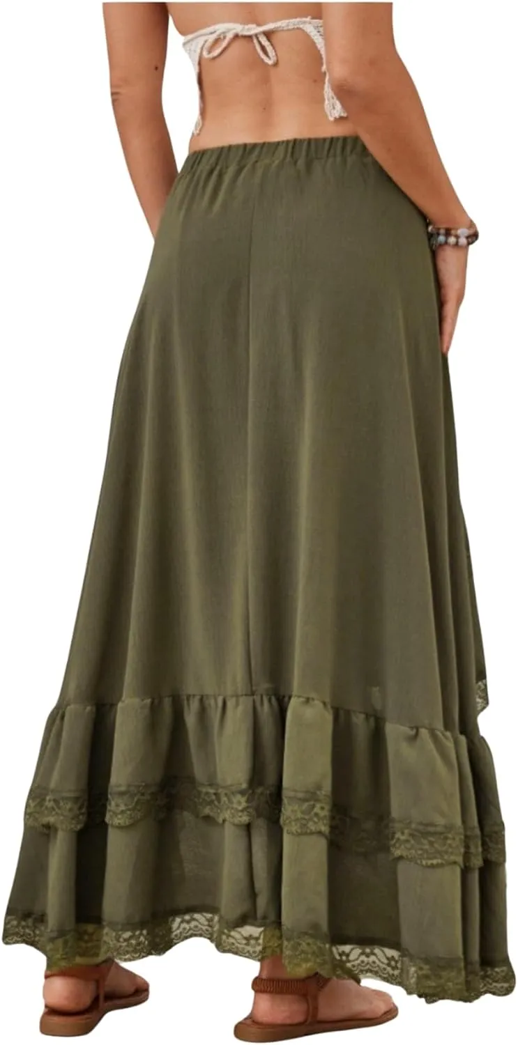 Verdusa Women's Western Boho Lace Asymmetrical Skirt Ruffle Country Cowgirl Skirts