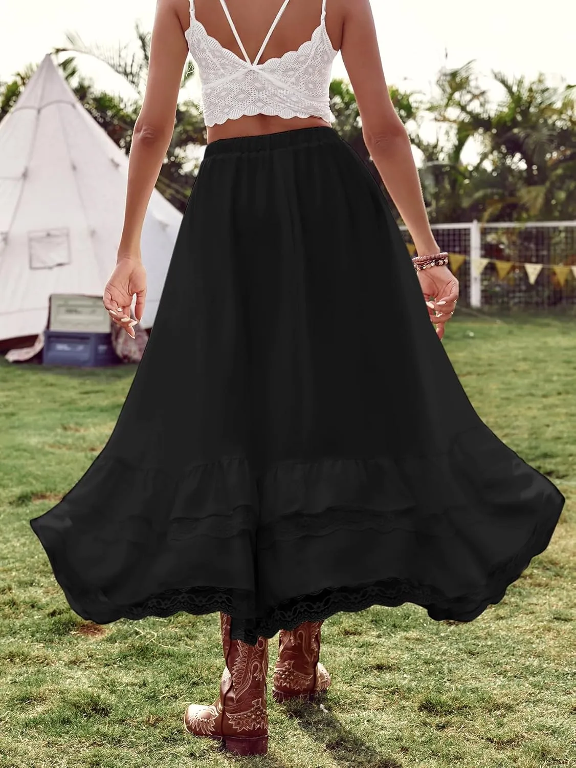 Verdusa Women's Western Boho Lace Asymmetrical Skirt Ruffle Country Cowgirl Skirts
