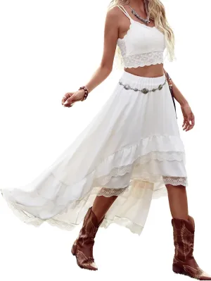 Verdusa Women's Western Boho Lace Asymmetrical Skirt Ruffle Country Cowgirl Skirts