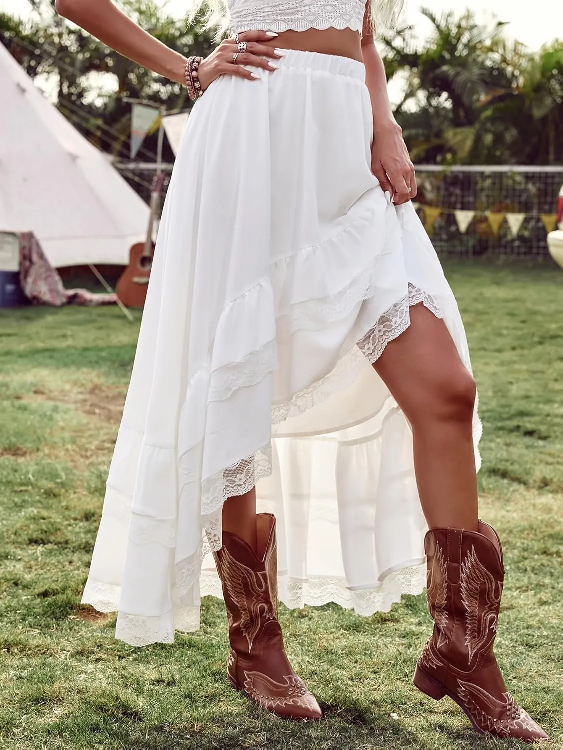 Verdusa Women's Western Boho Lace Asymmetrical Skirt Ruffle Country Cowgirl Skirts