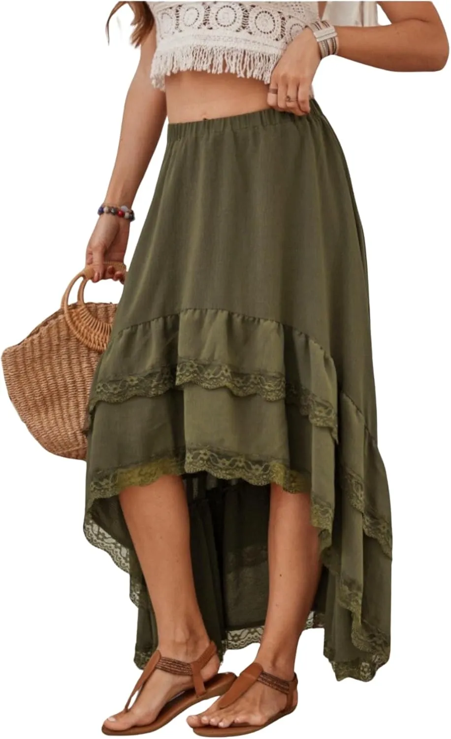 Verdusa Women's Western Boho Lace Asymmetrical Skirt Ruffle Country Cowgirl Skirts