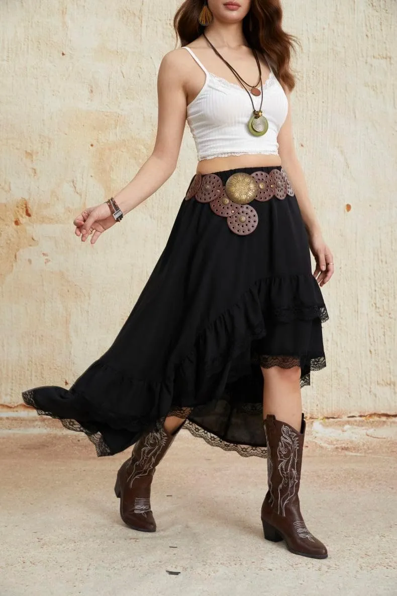 Verdusa Women's Western Boho Lace Asymmetrical Skirt Ruffle Country Cowgirl Skirts