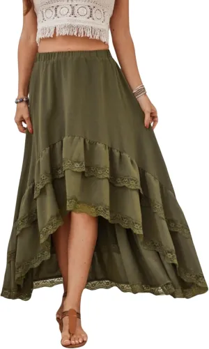 Verdusa Women's Western Boho Lace Asymmetrical Skirt Ruffle Country Cowgirl Skirts