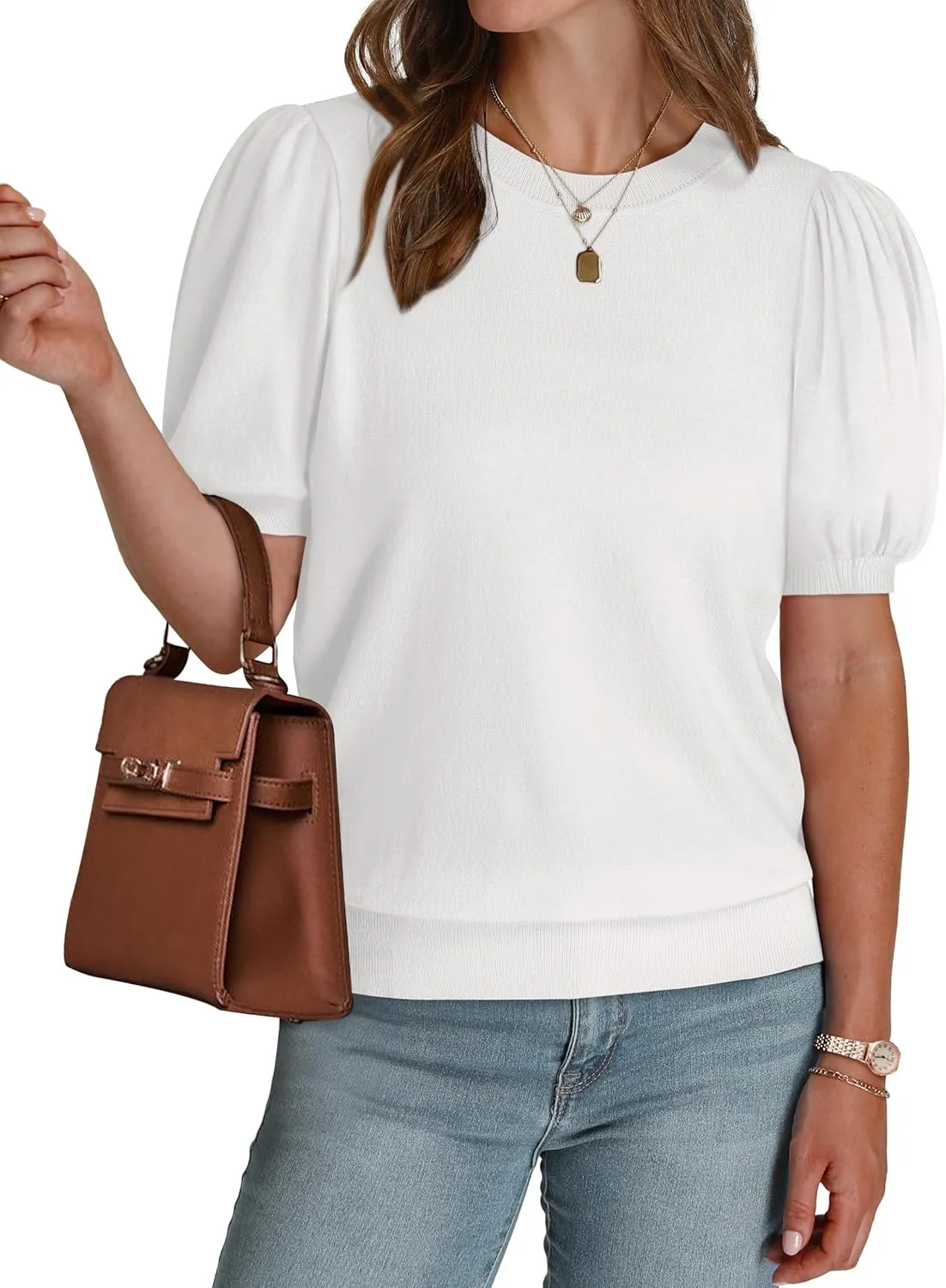 WIHOLL Women's Puff Short Sleeve Sweater 2025 Spring Summer Tops Trendy Business Casual Outfits Work Blouses Clothes