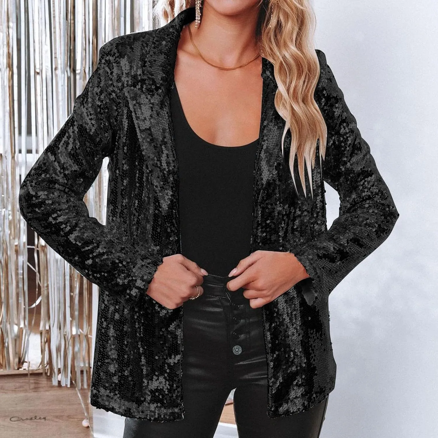 Women Sequins Blazer Sequin Jacket Casual Long Sleeve Glitter Party Shiny Lapel Coat Jacket Women Plus Size