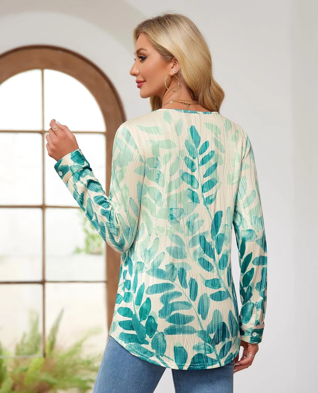 Womens 3 4 Sleeve Blouse Long Sleeve Business Casual Tunic Tops V Neck Work Tops Textured Dressy Casual Shirts