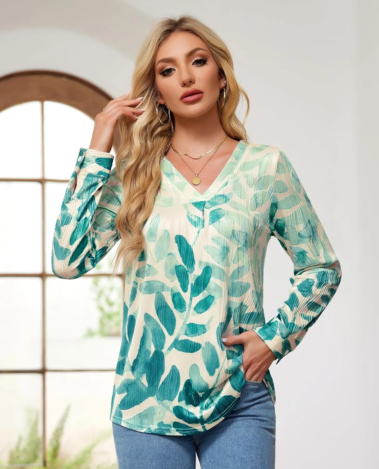 Womens 3 4 Sleeve Blouse Long Sleeve Business Casual Tunic Tops V Neck Work Tops Textured Dressy Casual Shirts