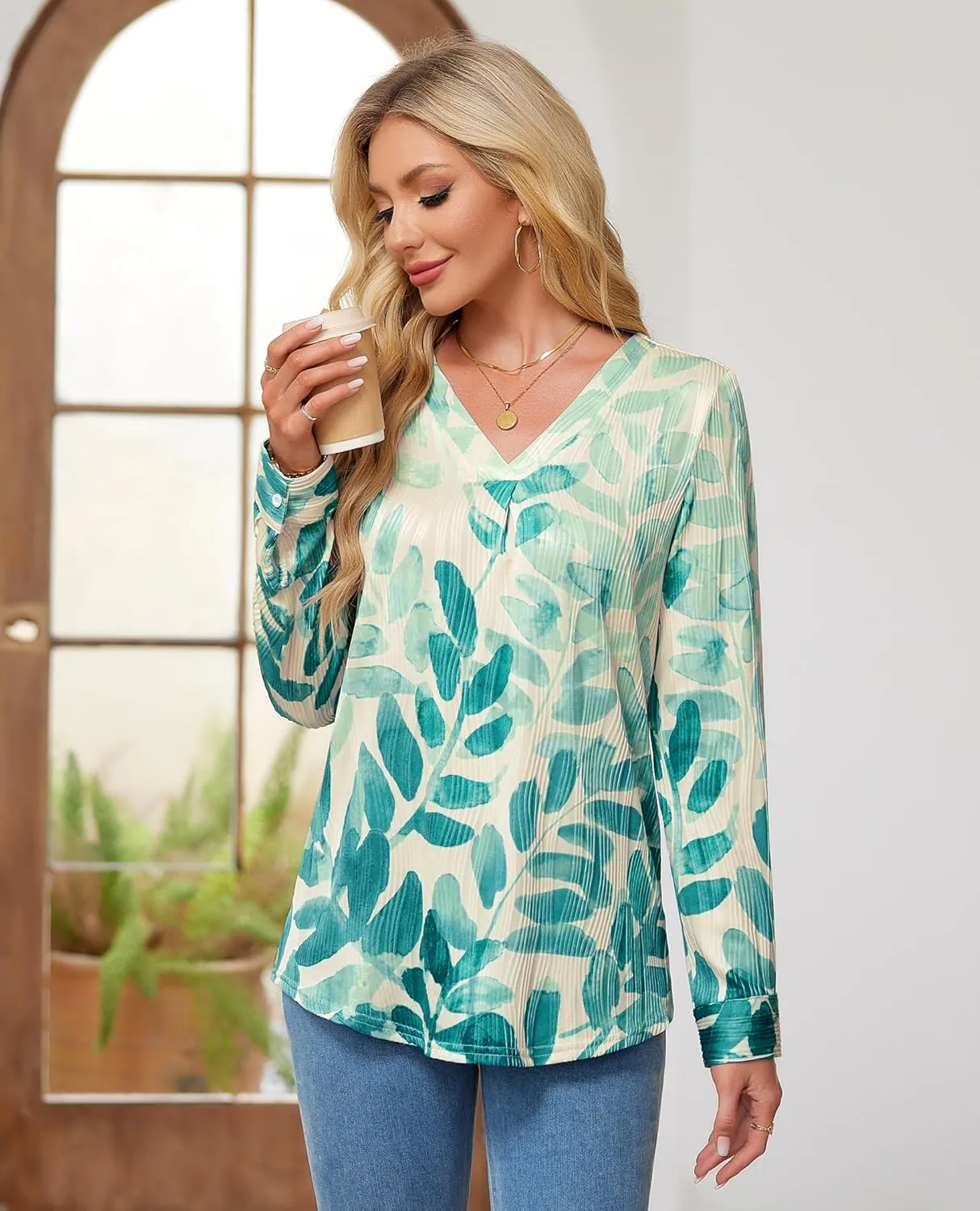 Womens 3 4 Sleeve Blouse Long Sleeve Business Casual Tunic Tops V Neck Work Tops Textured Dressy Casual Shirts