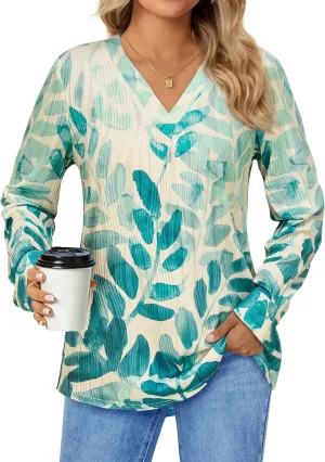 Womens 3 4 Sleeve Blouse Long Sleeve Business Casual Tunic Tops V Neck Work Tops Textured Dressy Casual Shirts