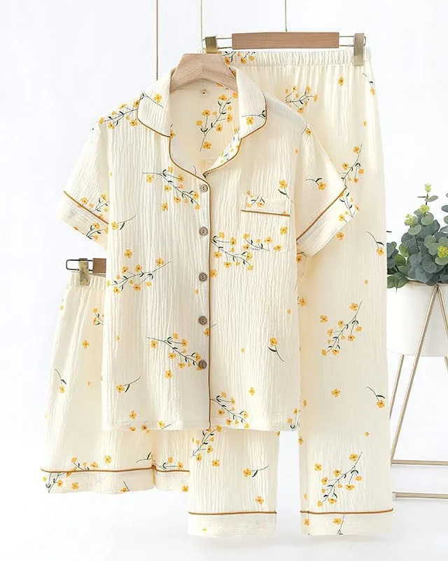 Womens 3pcs Cotton Pajamas Set Short Sleeve Sleepwear Fruit Print Cute Pj Set with Long Pants