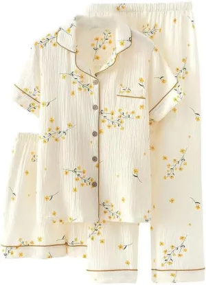 Womens 3pcs Cotton Pajamas Set Short Sleeve Sleepwear Fruit Print Cute Pj Set with Long Pants