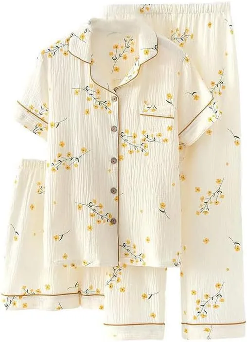 Womens 3pcs Cotton Pajamas Set Short Sleeve Sleepwear Fruit Print Cute Pj Set with Long Pants
