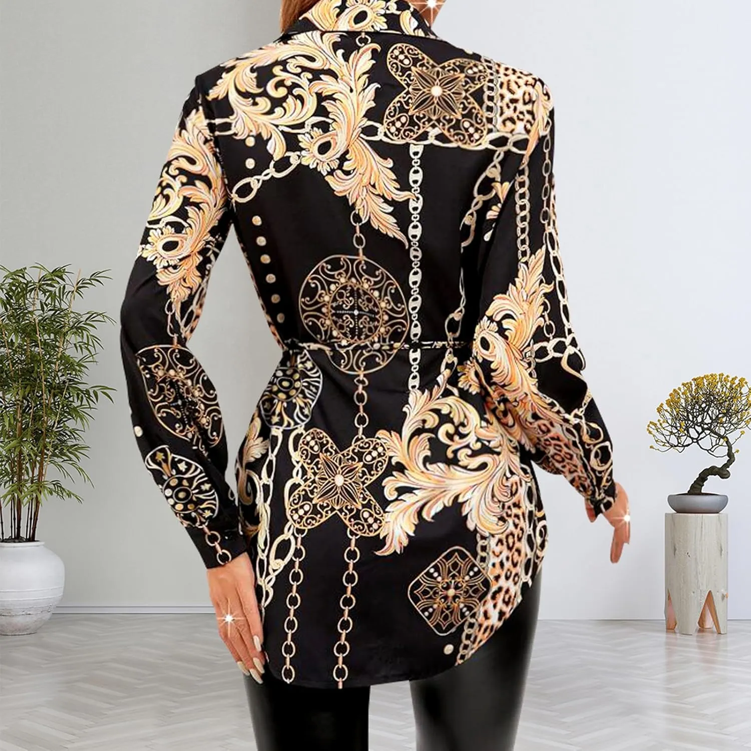 Women's Casual Long Sleeve Button Down Shirts Mini Dress Sexy V Neck T-Shirts Tops Loose Collar Long Blouse Wrap Dress