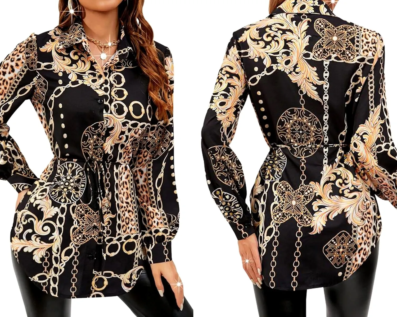 Women's Casual Long Sleeve Button Down Shirts Mini Dress Sexy V Neck T-Shirts Tops Loose Collar Long Blouse Wrap Dress