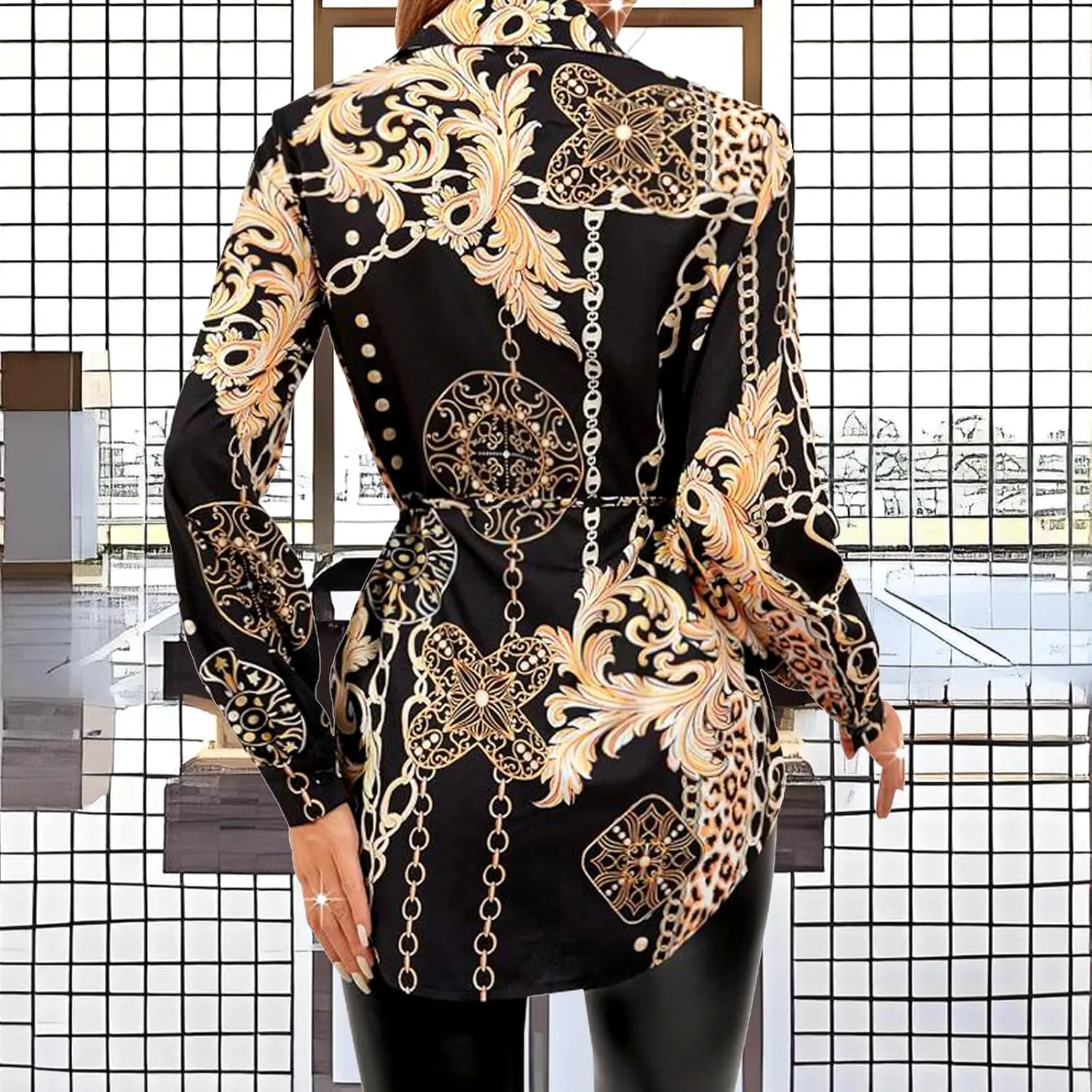 Women's Casual Long Sleeve Button Down Shirts Mini Dress Sexy V Neck T-Shirts Tops Loose Collar Long Blouse Wrap Dress