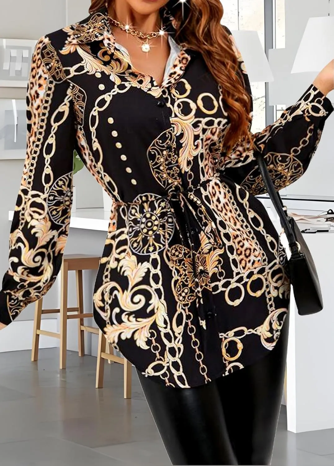 Women's Casual Long Sleeve Button Down Shirts Mini Dress Sexy V Neck T-Shirts Tops Loose Collar Long Blouse Wrap Dress