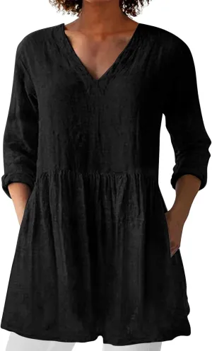 Womens Cotton Linen High Low Flowy Tunic Tops Casual V Neck Long Sleeve Loose Oversized Blouse Summer Beach Shirts