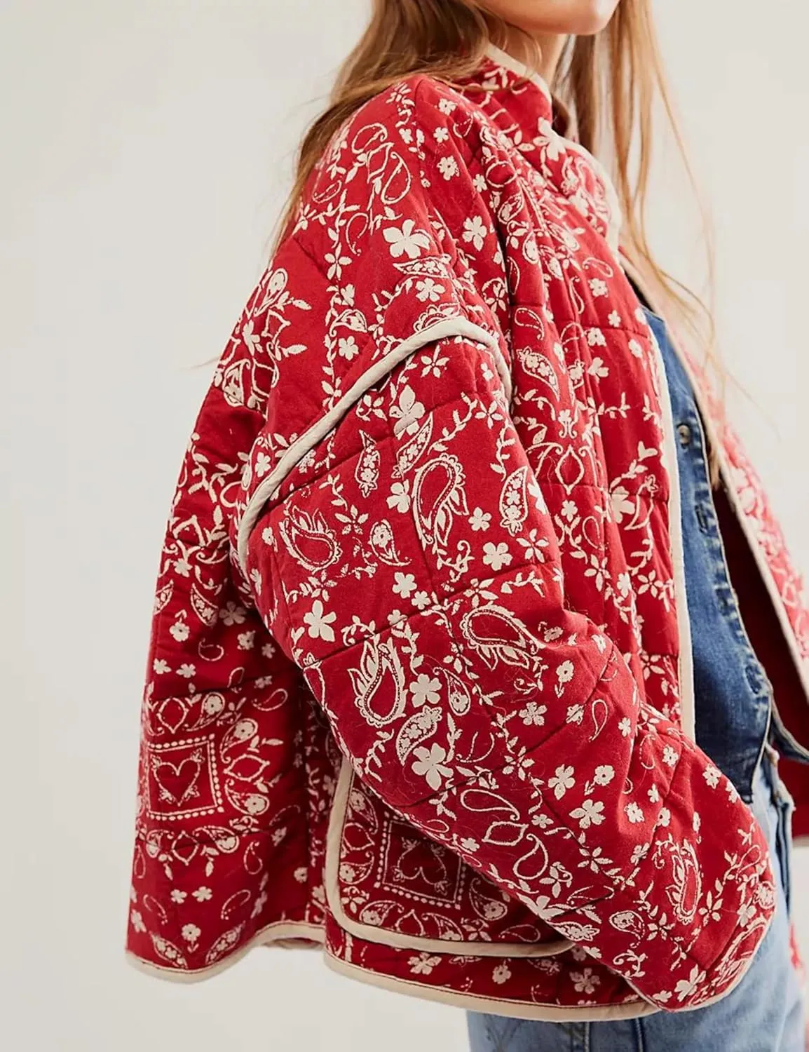 Women's Floral Quilted Jackets Cropped Open Front Lightweight Short Padded Puffer Coat