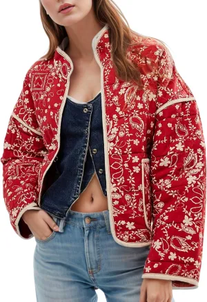Women's Floral Quilted Jackets Cropped Open Front Lightweight Short Padded Puffer Coat