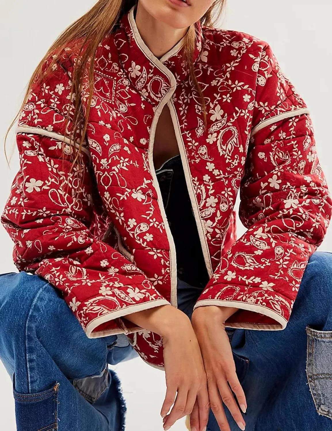 Women's Floral Quilted Jackets Cropped Open Front Lightweight Short Padded Puffer Coat