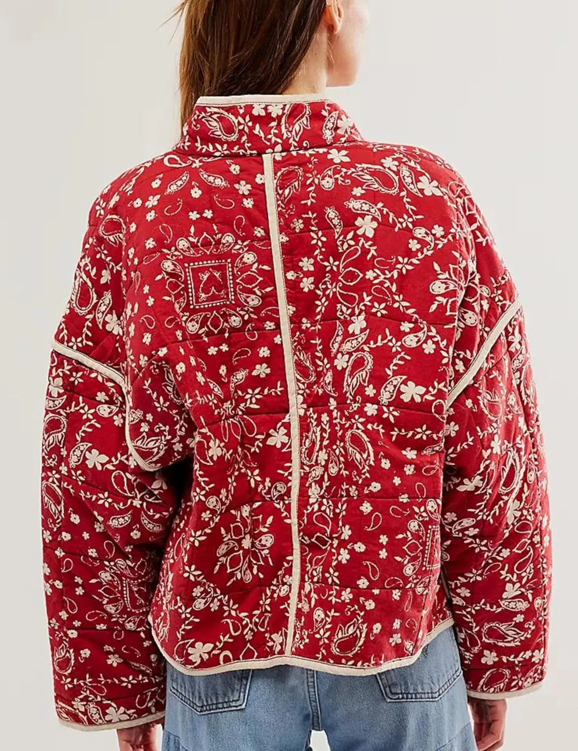 Women's Floral Quilted Jackets Cropped Open Front Lightweight Short Padded Puffer Coat