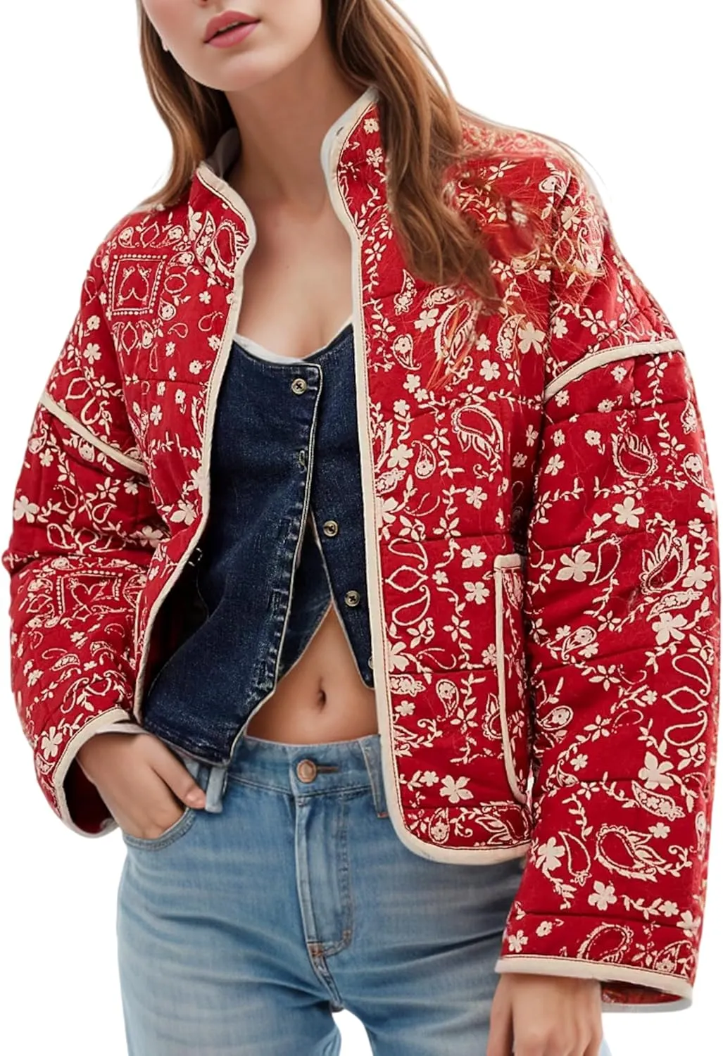 Women's Floral Quilted Jackets Cropped Open Front Lightweight Short Padded Puffer Coat