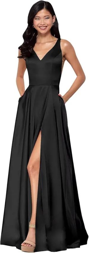Women's Long A-Line Satin Prom Dresses High Slit V-Neck Backless Formal Party Evening Ball Gowns with Pockets