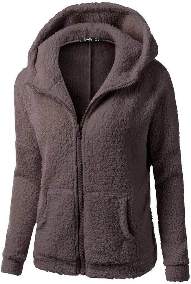 Womens Sherpa Jacket Fuzzy Plus Size Zip Up Hoodie Soft Comfy Fleece Lined Winter Coat with Pockets Warm Outerwear