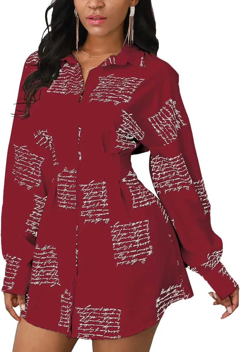 Women's Shirt Dresses Button Down Colorful Blouses Long Sleeve Floral Print Tops Loose Collar Sexy T-Shirts