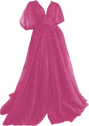 Women's Sparkle Starry Tulle Prom Dresses Puffy Sleeve Evening Gowns Long Slit Formal Party Dress with Pockets