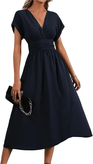 Womens Summer Midi Dress Elegant V Neck Short Sleeve Dresses Casual Plain Smocked High Waist Tunic Beach Sundress
