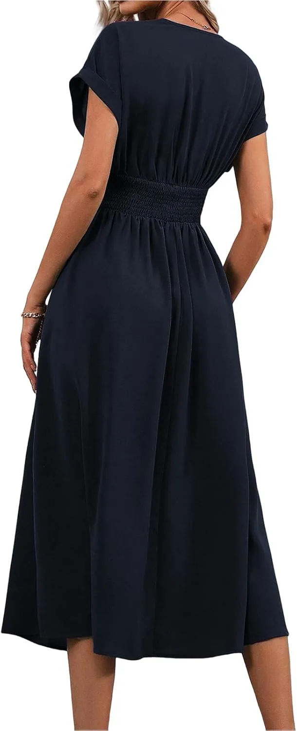 Womens Summer Midi Dress Elegant V Neck Short Sleeve Dresses Casual Plain Smocked High Waist Tunic Beach Sundress
