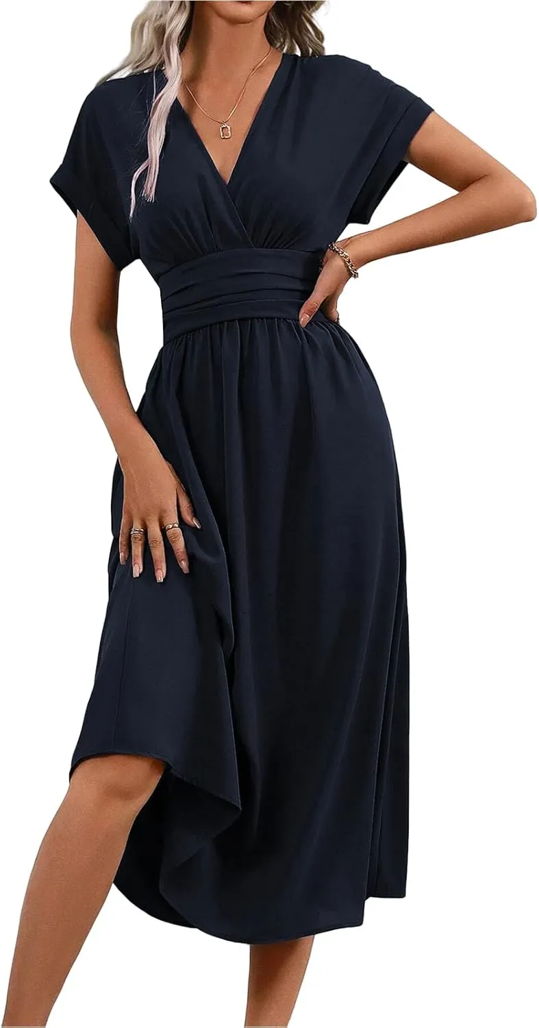 Womens Summer Midi Dress Elegant V Neck Short Sleeve Dresses Casual Plain Smocked High Waist Tunic Beach Sundress