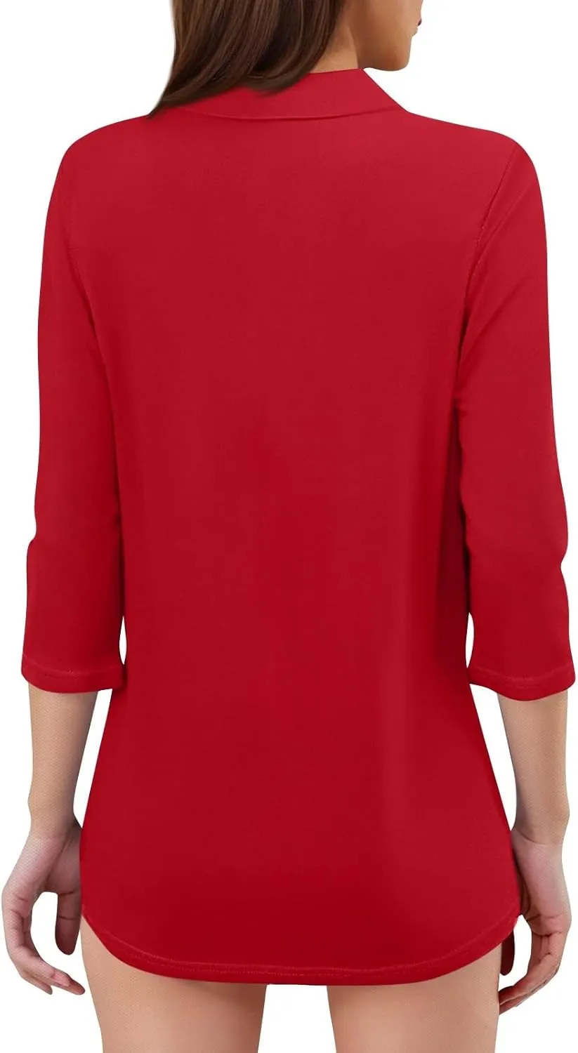 Womens Summer Tops 3/4 Sleeve Dressy Casual Polo Shirts Collared V Neck T Shirts Cotton Loose Trendy Work Clothes 2025