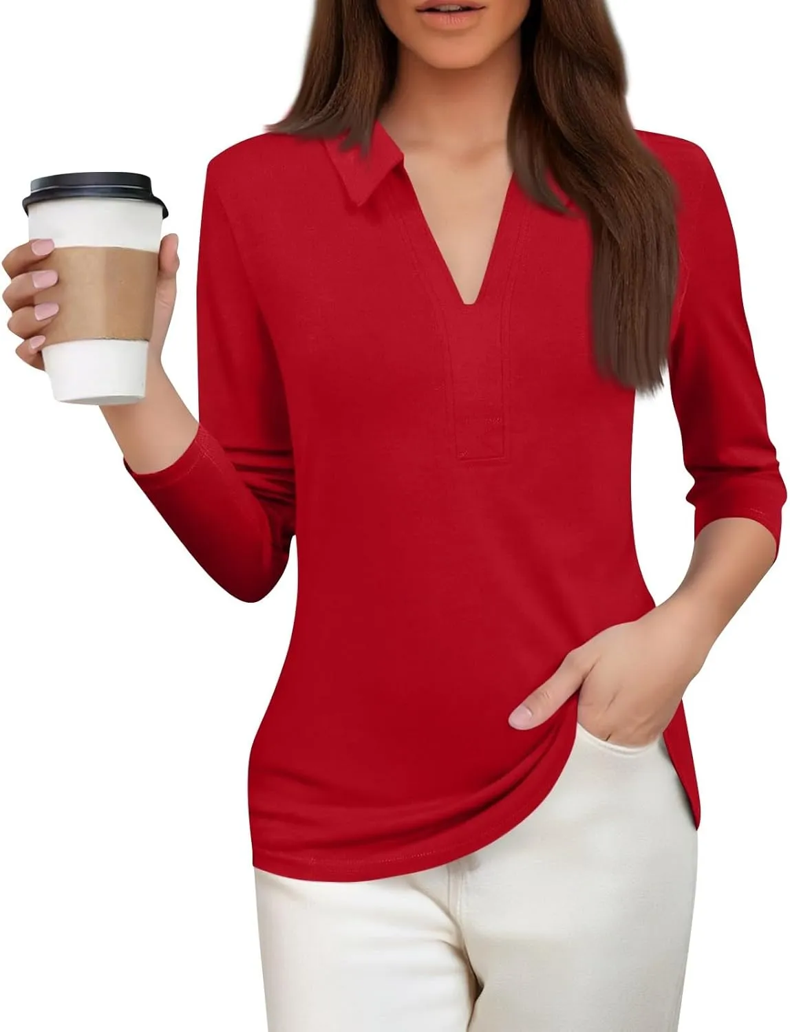 Womens Summer Tops 3/4 Sleeve Dressy Casual Polo Shirts Collared V Neck T Shirts Cotton Loose Trendy Work Clothes 2025