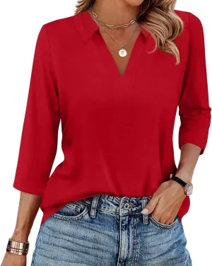Womens Summer Tops 3/4 Sleeve Dressy Casual Polo Shirts Collared V Neck T Shirts Cotton Loose Trendy Work Clothes 2025