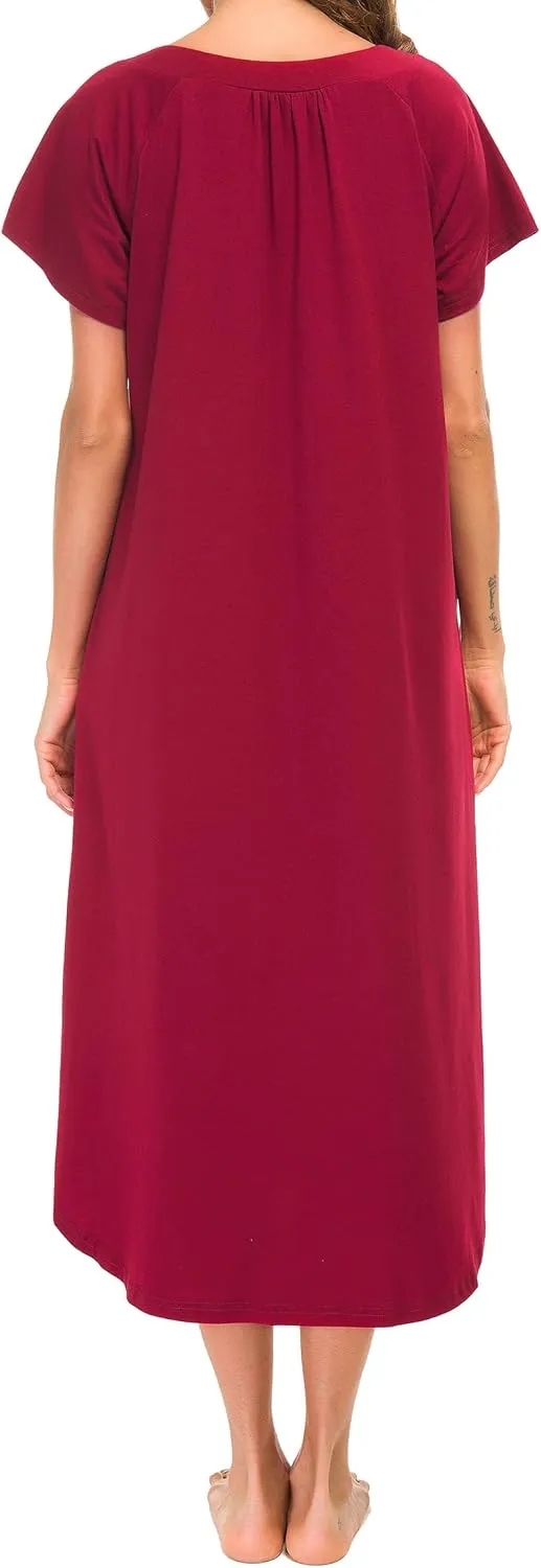 YOZLY Nightgowns for Women Short Sleeve Long Night Gowns Soft V Neck Sleepwear with Pockets