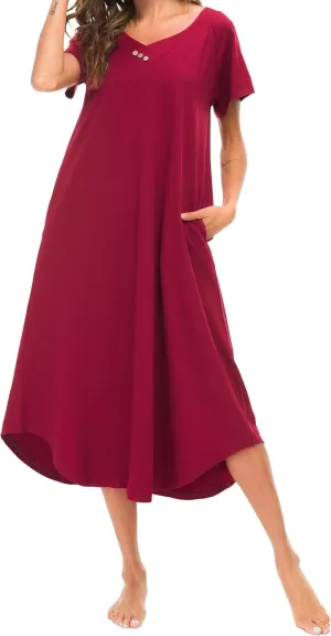 YOZLY Nightgowns for Women Short Sleeve Long Night Gowns Soft V Neck Sleepwear with Pockets
