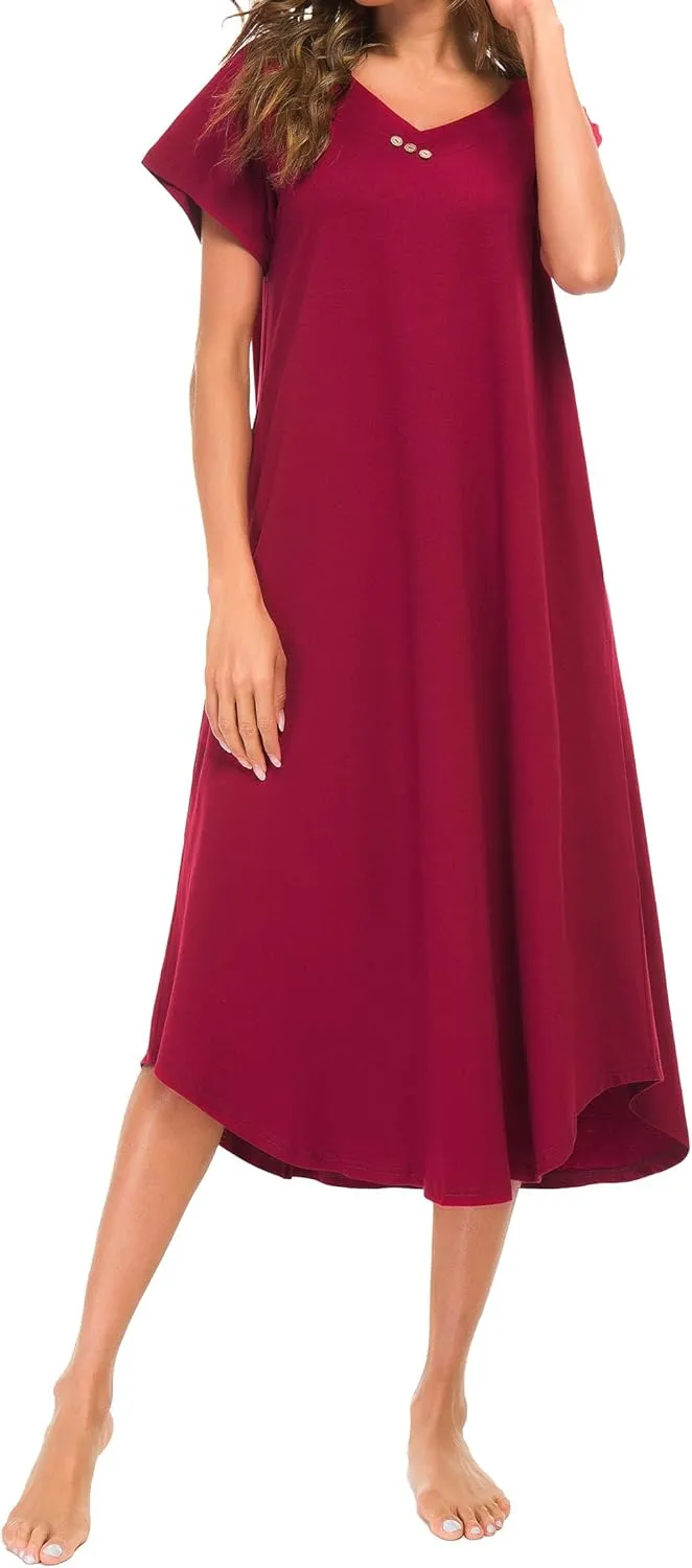 YOZLY Nightgowns for Women Short Sleeve Long Night Gowns Soft V Neck Sleepwear with Pockets