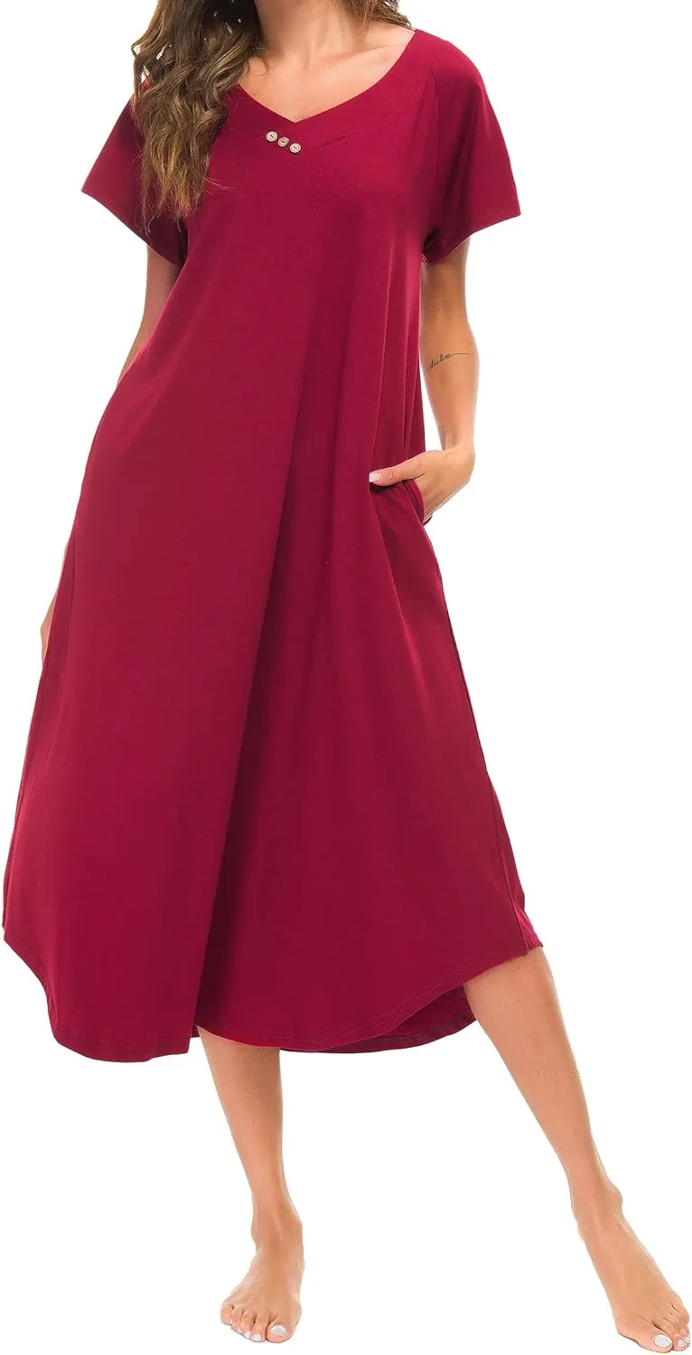 YOZLY Nightgowns for Women Short Sleeve Long Night Gowns Soft V Neck Sleepwear with Pockets