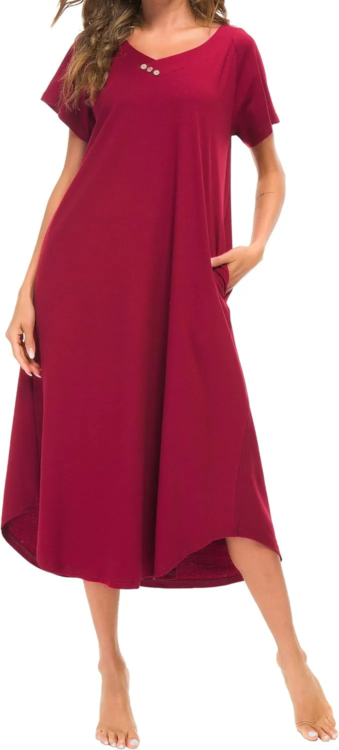 YOZLY Nightgowns for Women Short Sleeve Long Night Gowns Soft V Neck Sleepwear with Pockets